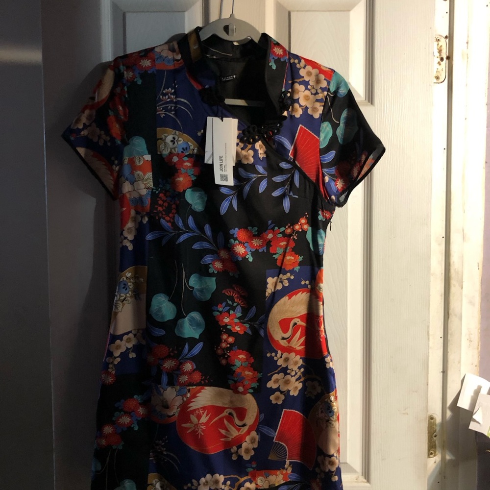 Zara Black Floral-Print Tunic with Blue, Red & Cream Accents